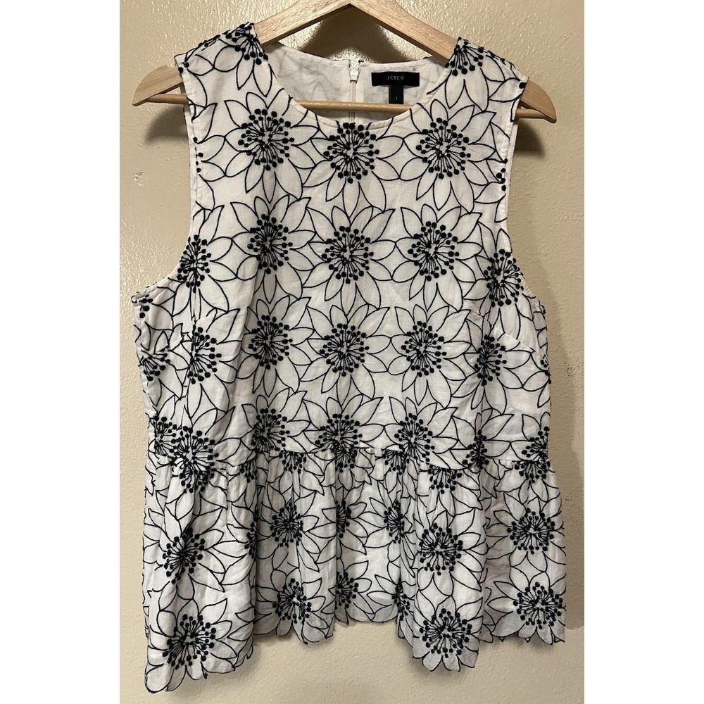 J. Crew Embroidered Floral Top Navy/Ivory Sleeveless Ruffle Zip Back Womens Sz L